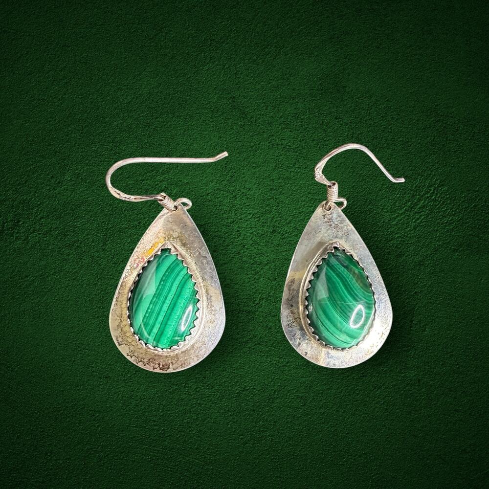 Vintage Malachite Sterling Silver 925 Teardrop Dangle Earrings